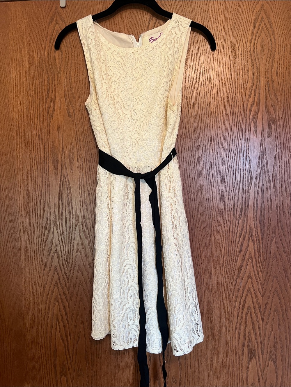 Ivory Lace Fit-and-Flare Dress with Black Sash